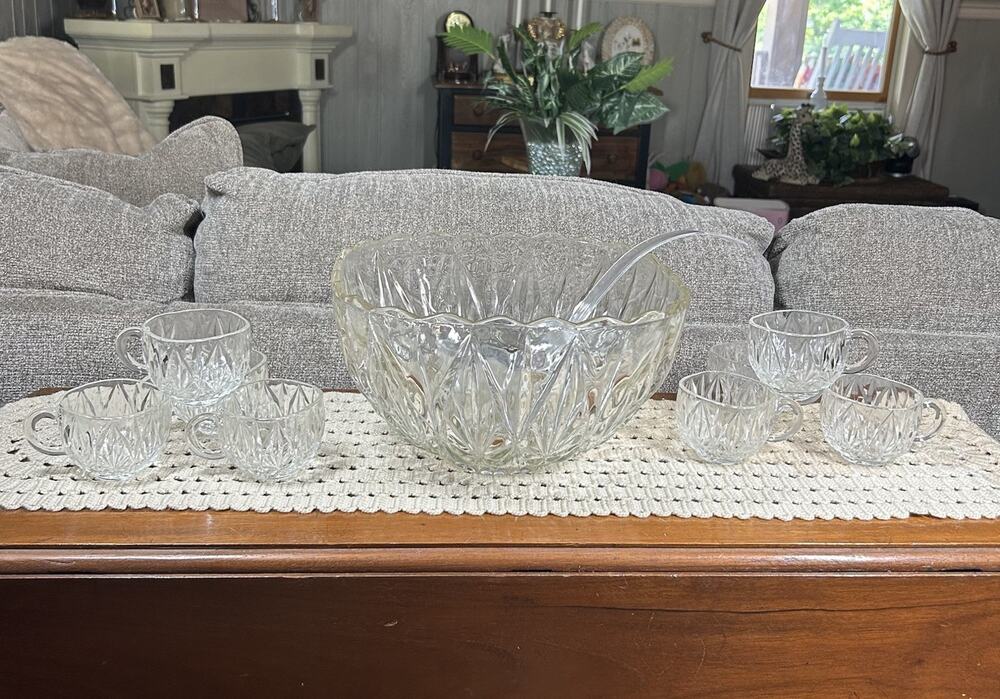 Vtg Hazel Atlas Williamsport Pressed Glass Square Punch Bowl Set 8 Cups 50s 60s